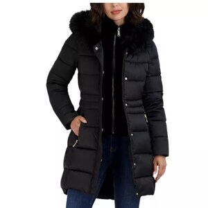 $320-NWT-Tahari Dana Hooded Faux Fur Trim Puffer Coat - Black - Large